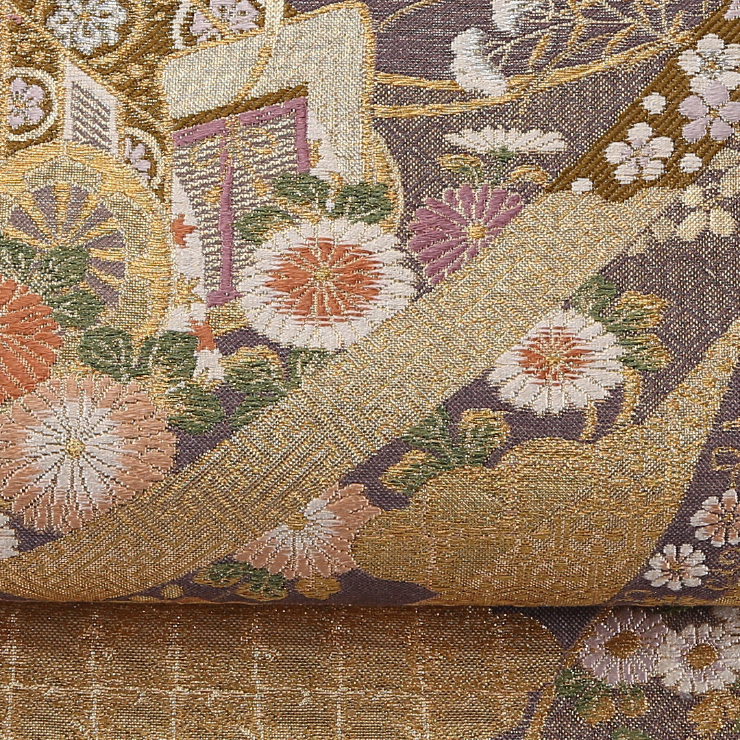 御所車 袋帯 帯丈432cm 正絹 六通 フォーマル 菊 クリーム系 1243-02634