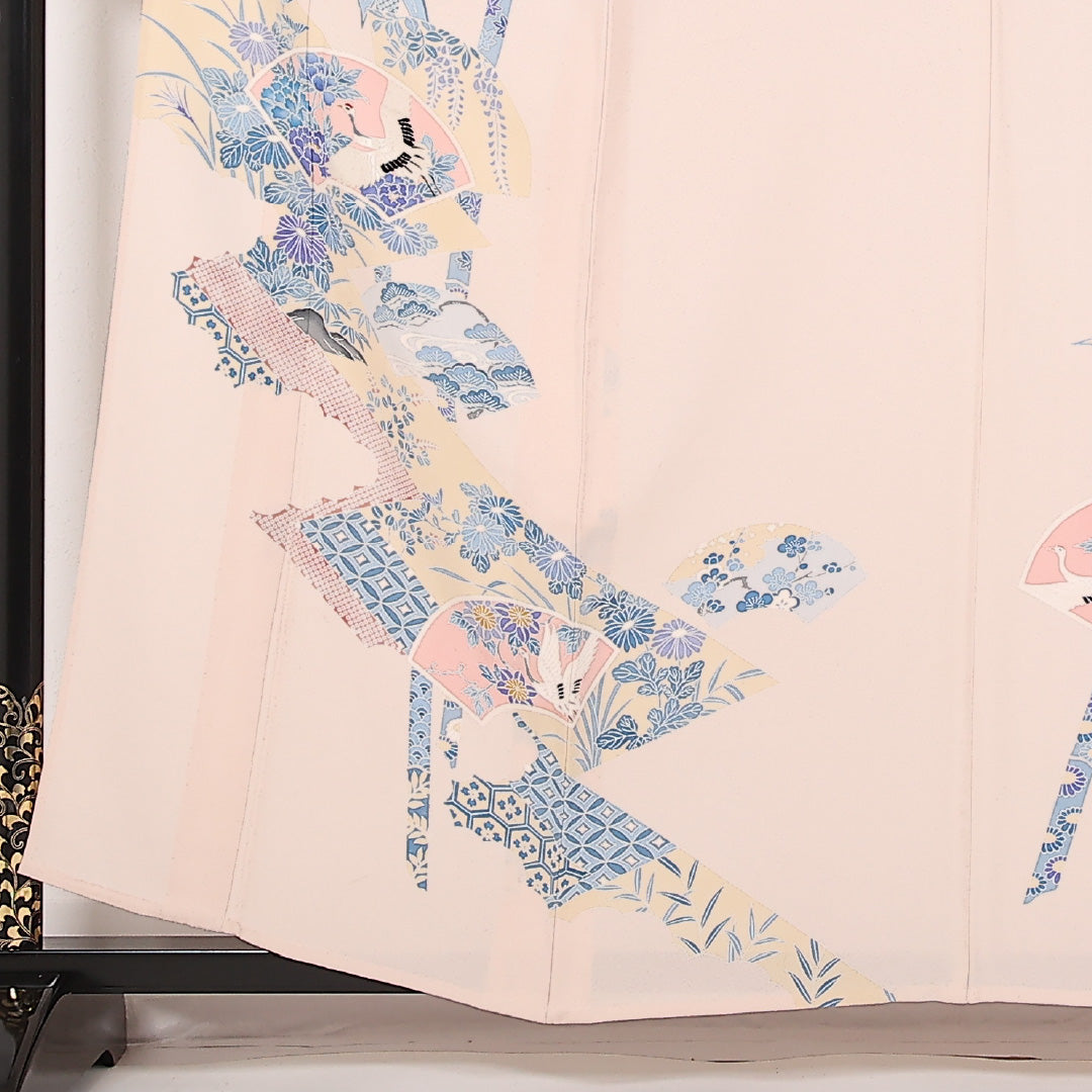 訪問着 単衣 身丈158cm 裄丈63cm 正絹 Bランク セミフォーマル 広衿 XLサイズ 刺繍 扇面文 鶴 ピンク系 RP 1217-17521