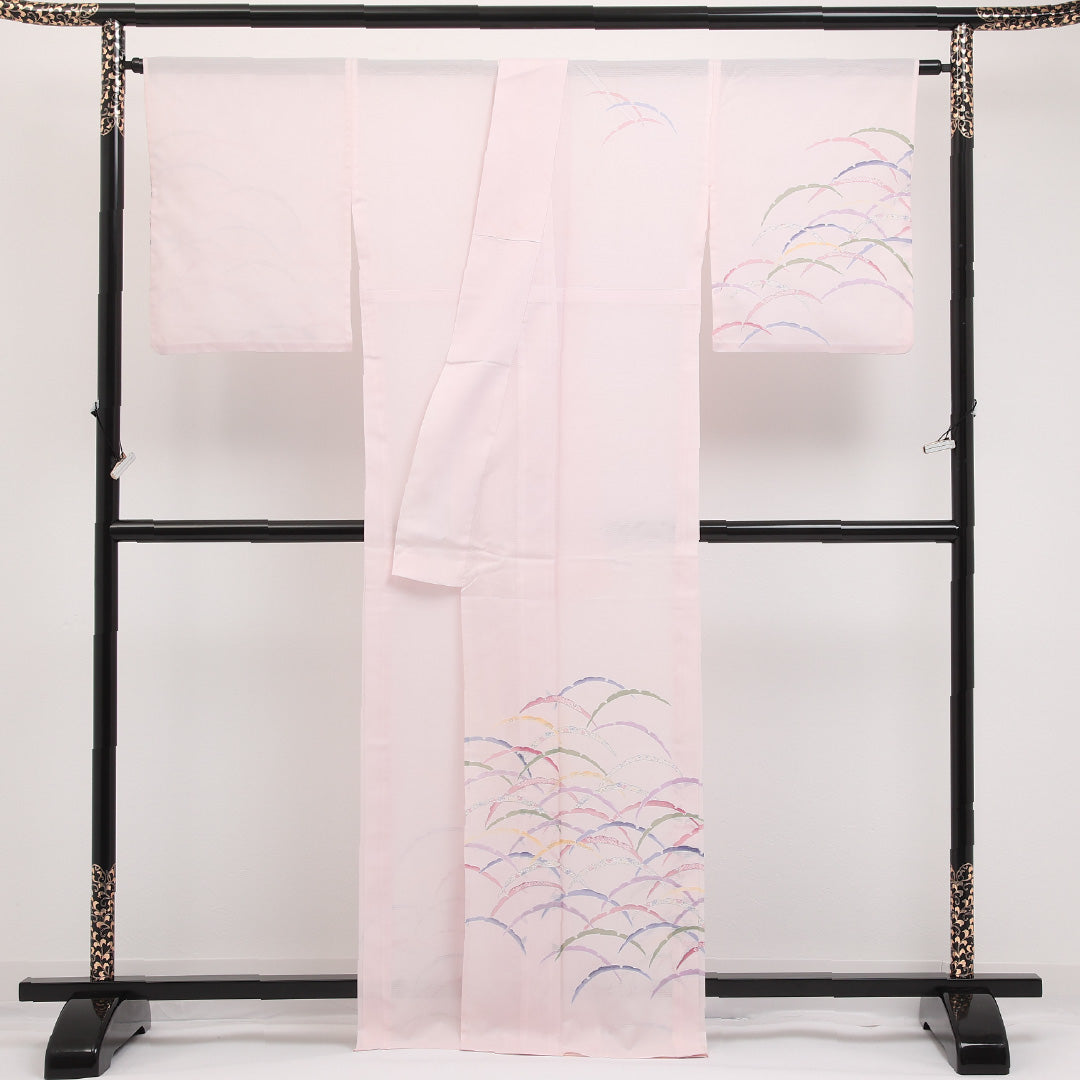 夏物 洗える着物 付下げ 絽 身丈166cm 裄丈67cm ポリエステル Cランク インフォーマル 広衿 Lサイズ 雪輪 ピンク系 RP 1218-17305