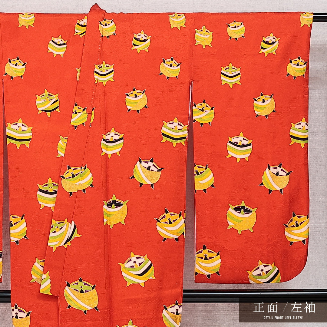 洗える着物 小振袖 袷 身丈142cm 裄丈63cm ポリエステル Sランク セミフォーマル バチ衿 XSサイズ 糸巻 朱系 RP 1216-06890