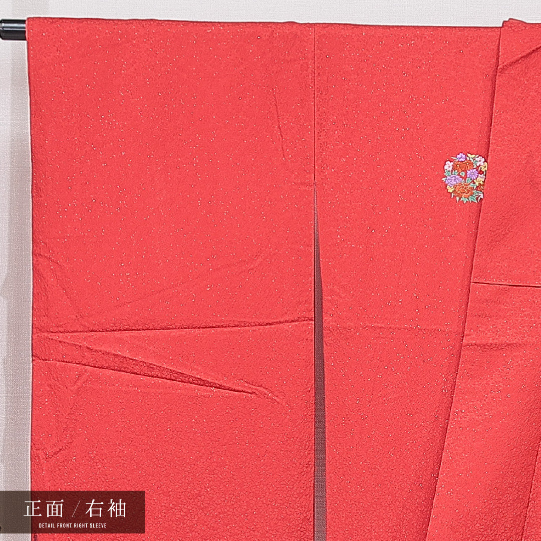 洗える着物 小振袖 袷 身丈165cm 裄丈67cm ポリエステル Bランク セミフォーマル 広衿 XLサイズ 刺繍 牡丹 菊 赤系 RP 1216-07059