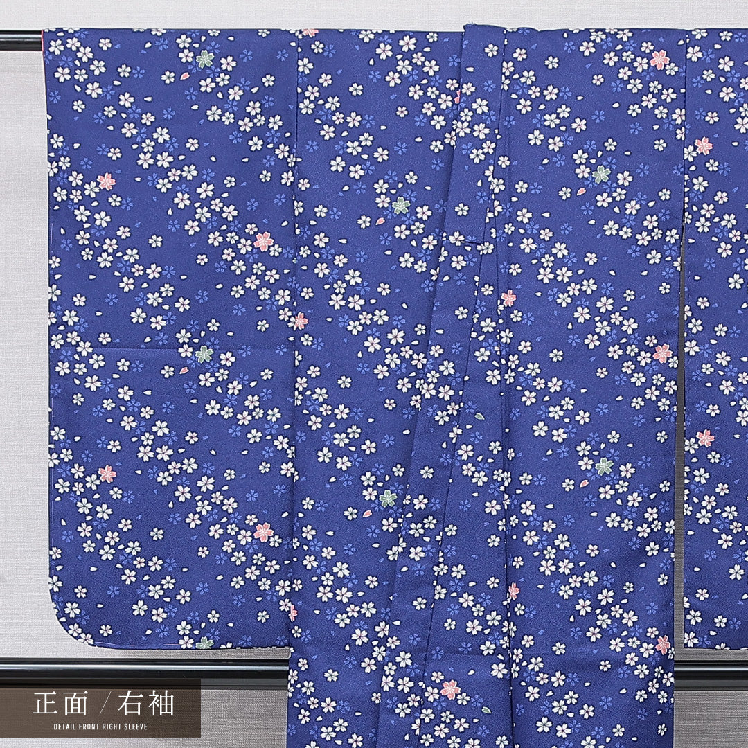 洗える着物 振袖 袷 身丈150cm 裄丈59cm ポリエステル Sランク フォーマル バチ衿 Sサイズ 花柄 紺系 RP 1215-07079