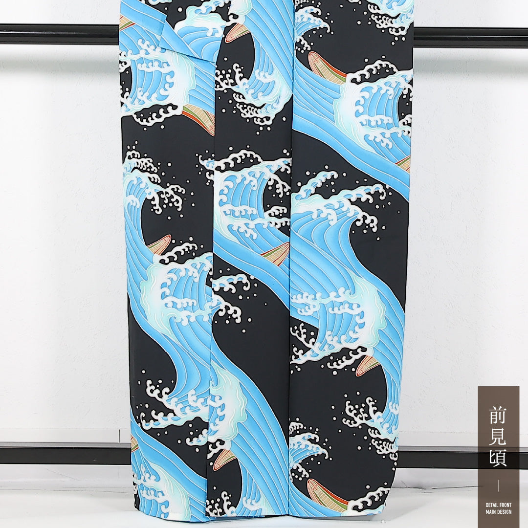 洗える着物 小紋 単衣 身丈163cm 裄丈66cm ポリエステル Sランク 踊り用 バチ衿 XLサイズ 船 波頭 水色系 RP 1221-17445