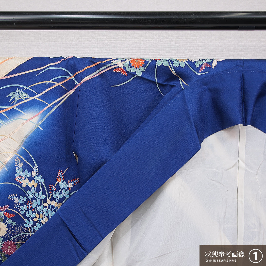 振袖 袷 身丈158cm 裄丈63cm 正絹 Aランク フォーマル 広衿 Mサイズ 金駒刺繍 扇面文 鶴 牡丹 青系 RP 1215-06995