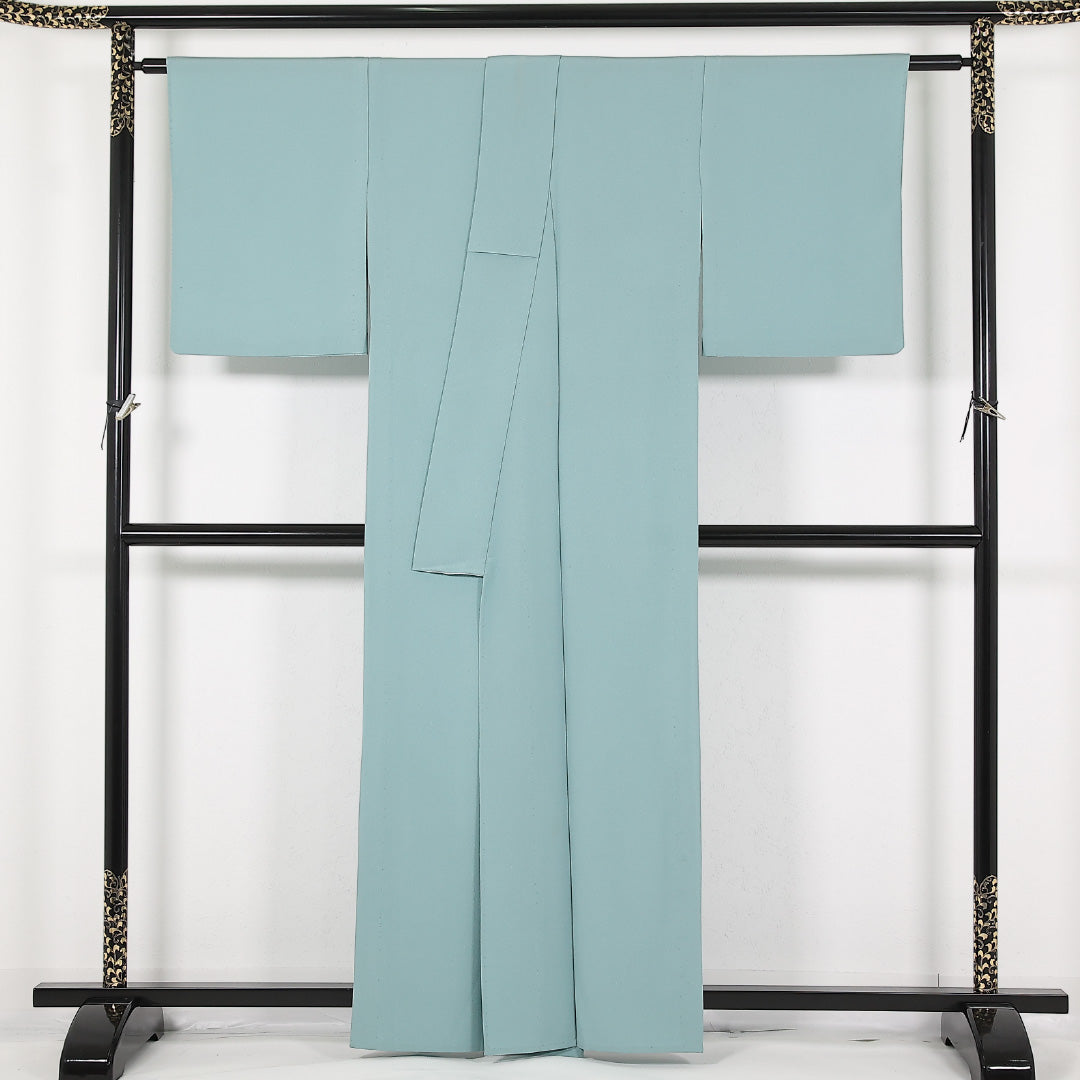 洗える着物 色無地 単衣 身丈160cm 裄丈64cm ポリエステル Aランク 一つ紋 (花菱崩し) セミフォーマル 広衿 Mサイズ 水色系 RP 1219-17467