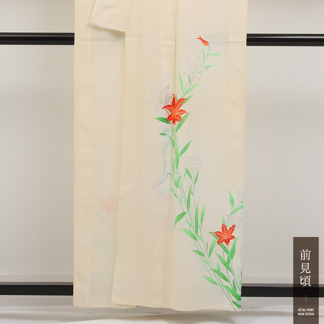 夏物 付下げ 絽 身丈156cm 裄丈66cm 正絹 Cランク インフォーマル 広衿 Lサイズ 百合 クリーム系 LP 1218-17326