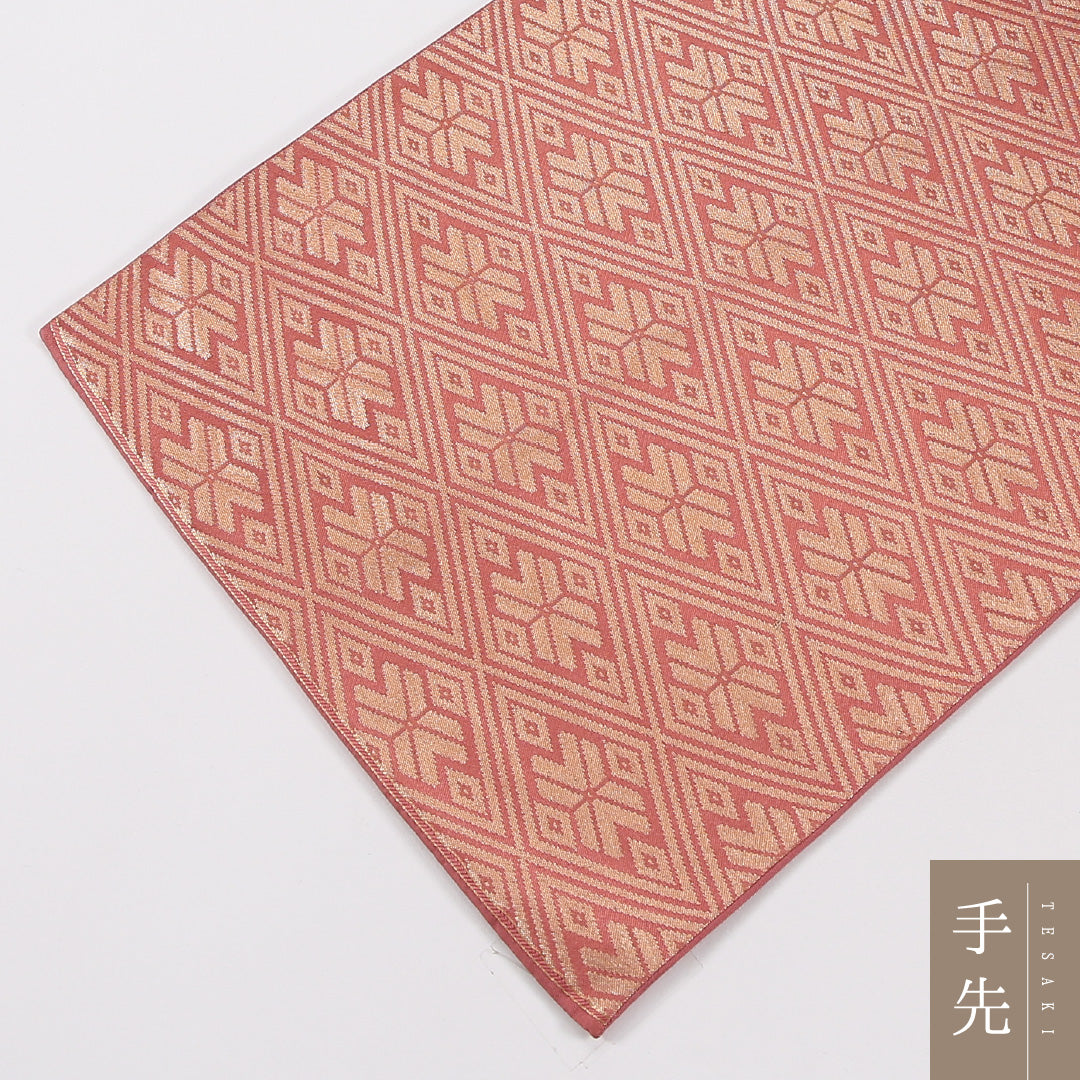 菱 袋帯 帯丈428cm 正絹 六通 セミフォーマル 朱系 金系 1243-02632