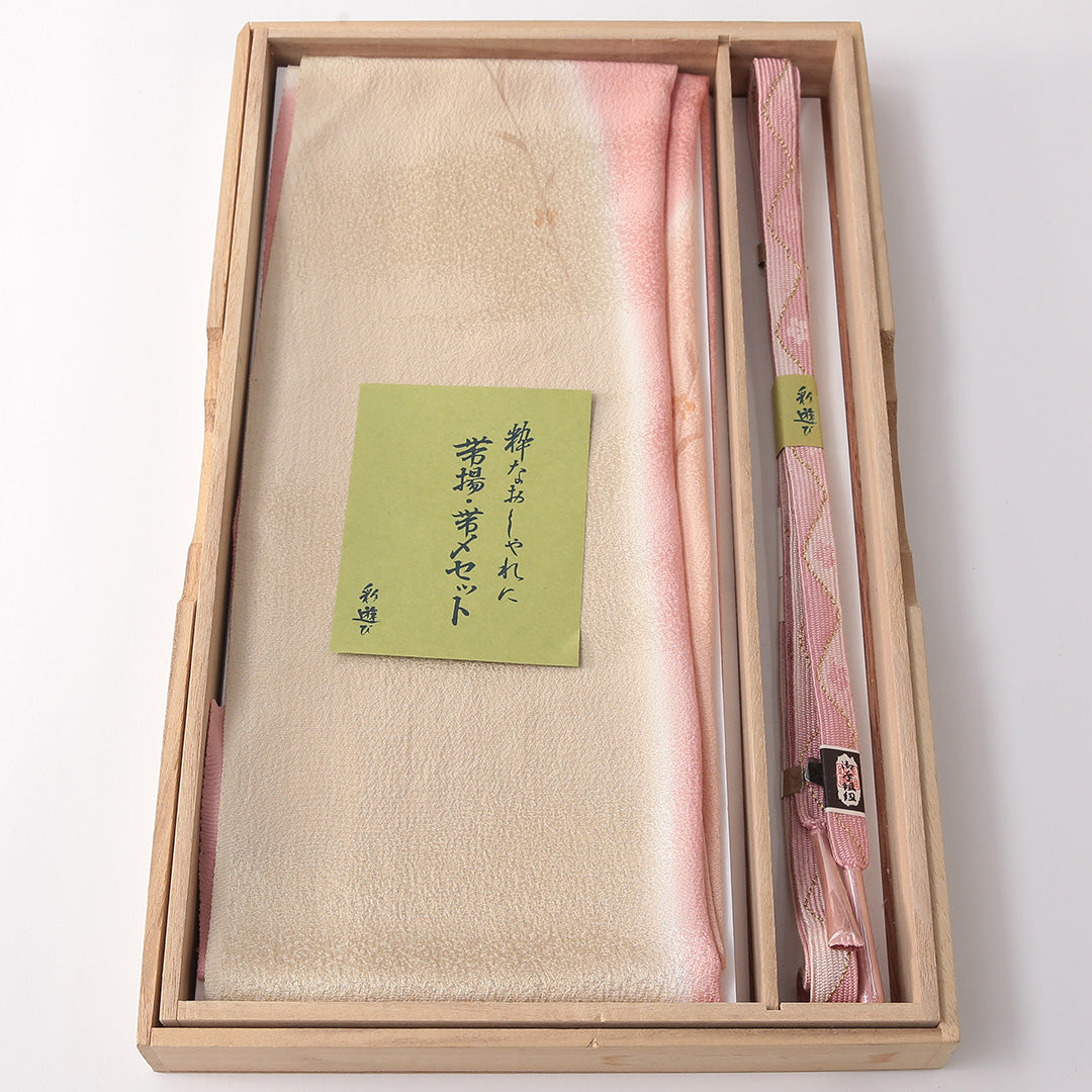 未使用品 帯締め・帯揚げセット 正絹 平組紐 貝の口組 ふくれ織 ピンク系 クリーム系 1254-01012