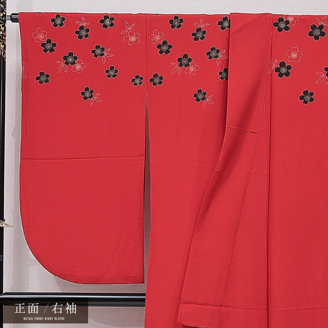 洗える着物 小振袖 袷 身丈163cm 裄丈66cm ポリエステル Sランク セミフォーマル 広衿 Lサイズ 桜 赤系 RP 1216-07067