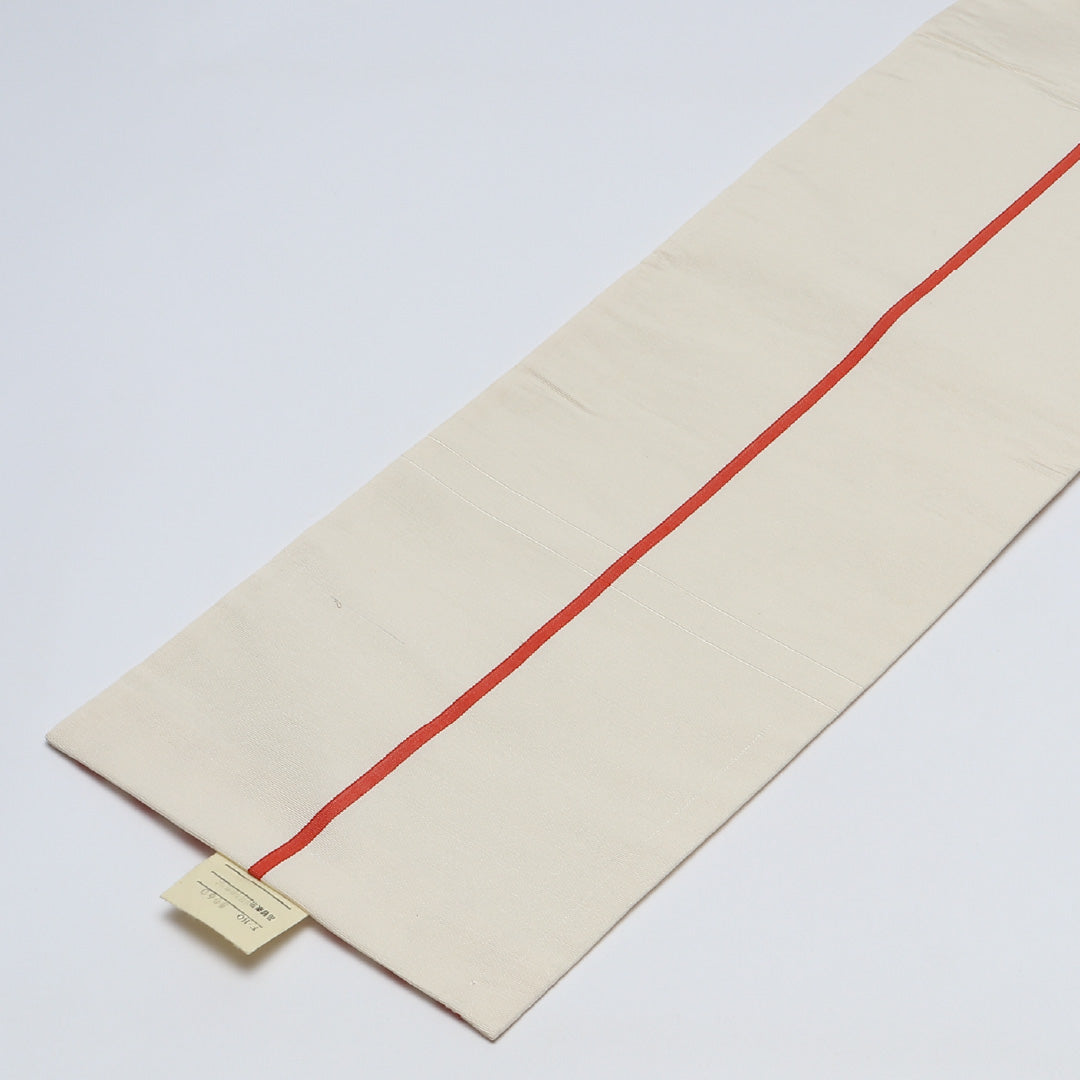 半幅帯 帯丈362cm 正絹 全通 小袋帯 カジュアル 博多織 献上柄 証紙 クリーム系 赤系 1247-00664