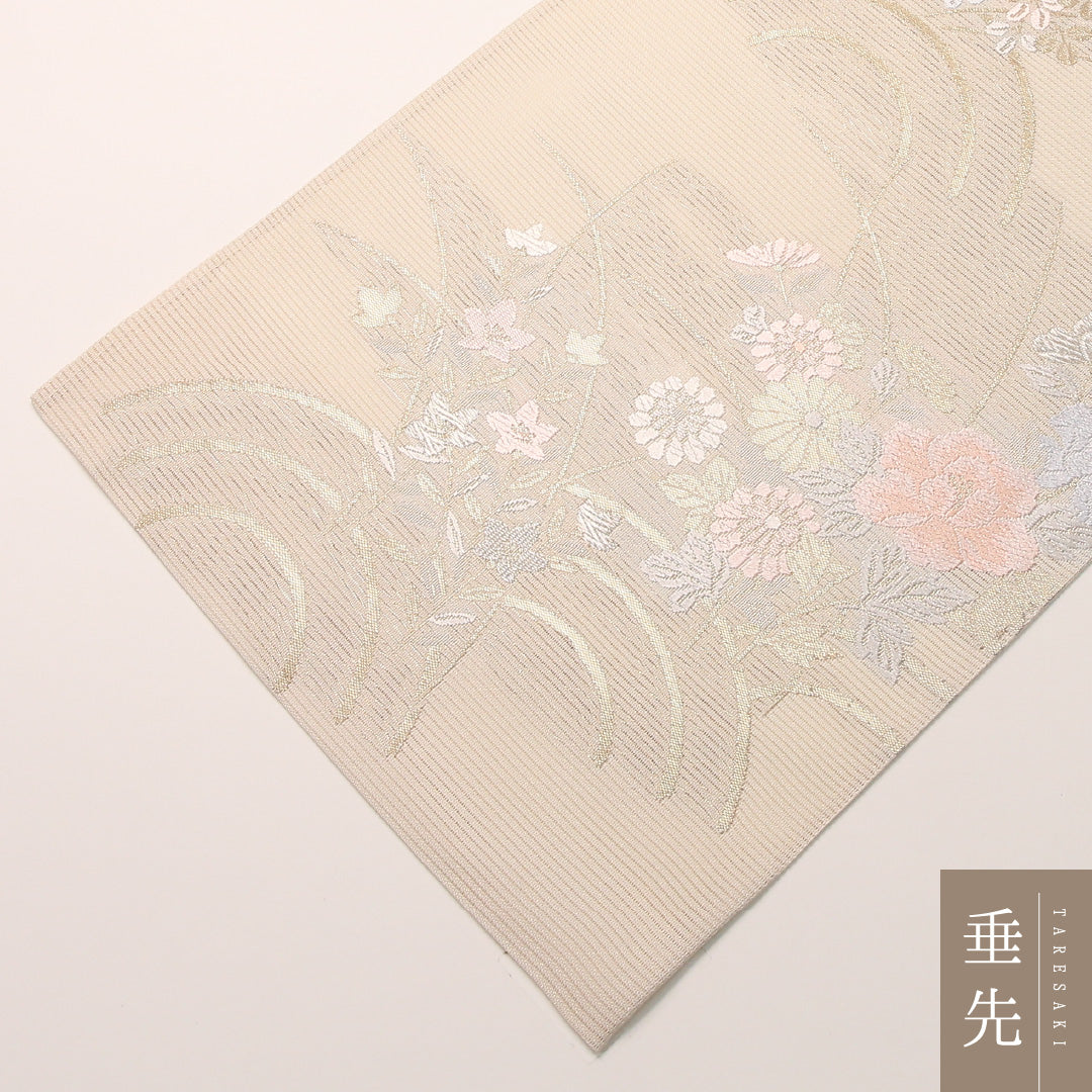 夏物 袋帯 帯丈444cm 正絹 六通 インフォーマル 菊 クリーム系 1243-02457