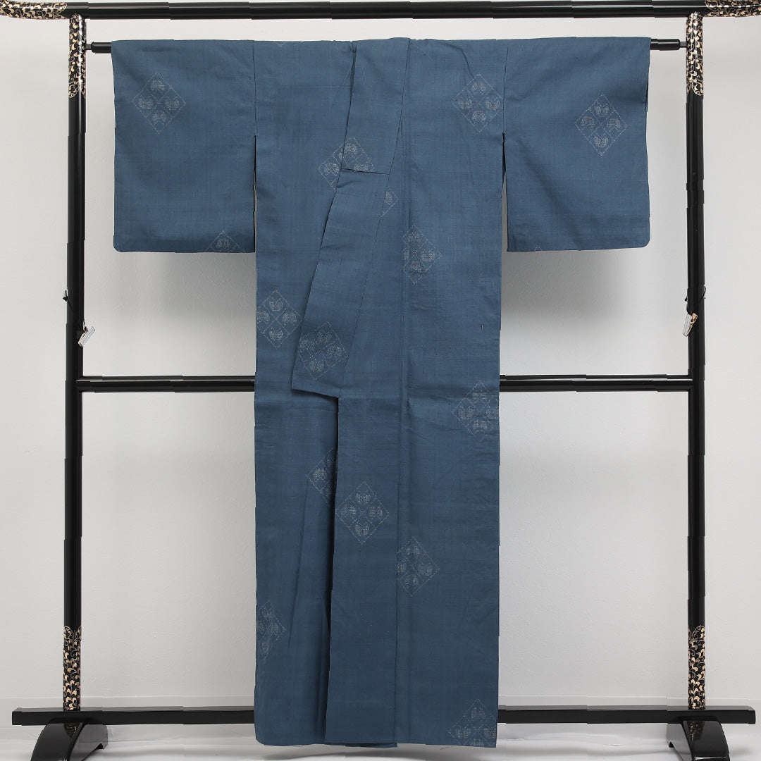紬 単衣 身丈157cm 裄丈63cm 正絹 Aランク カジュアル 広衿 Mサイズ 蝶 青系 RP 1223-17298