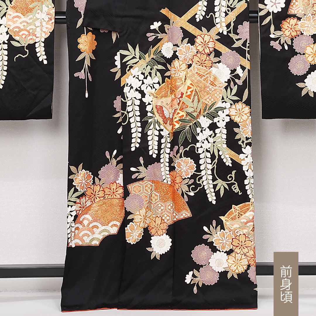 振袖 袷 身丈164cm 裄丈65cm 正絹 Sランク フォーマル 広衿 Lサイズ 吉祥文様 黒系 RP 1215-06787