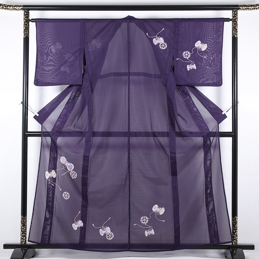 夏物 付下げ 絽 身丈160cm 裄丈63cm 正絹 Sランク インフォーマル バチ衿 XLサイズ 鼓 紫系 RP 1218-17344