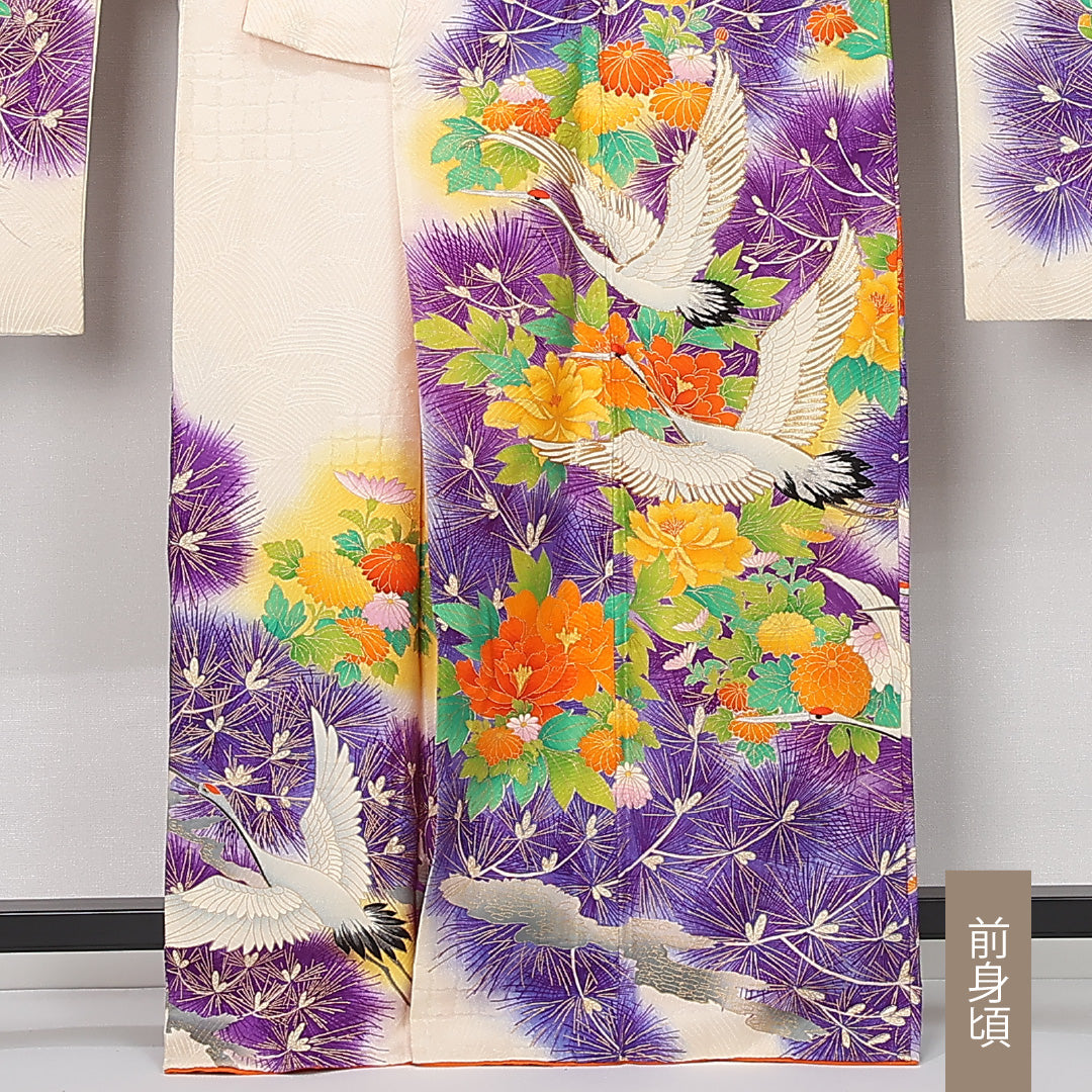 振袖 袷 身丈164cm 裄丈66cm 正絹 Bランク フォーマル 広衿 Lサイズ 鶴 菊 松 クリーム系 RP 1215-06739