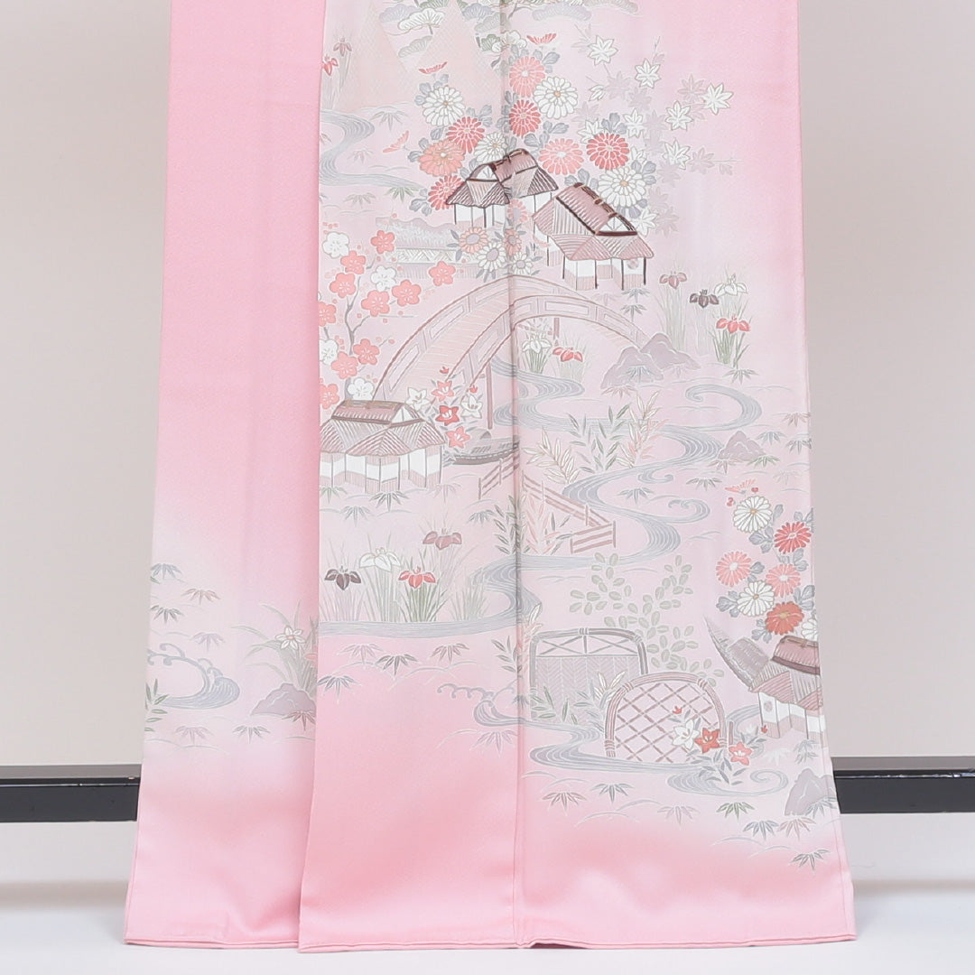 色留袖 袷 身丈163cm 裄丈66cm 正絹 Sランク 一つ紋 (五三桐) セミフォーマル 広衿 Lサイズ 茶屋辻 ピンク系 RP 1214-06387