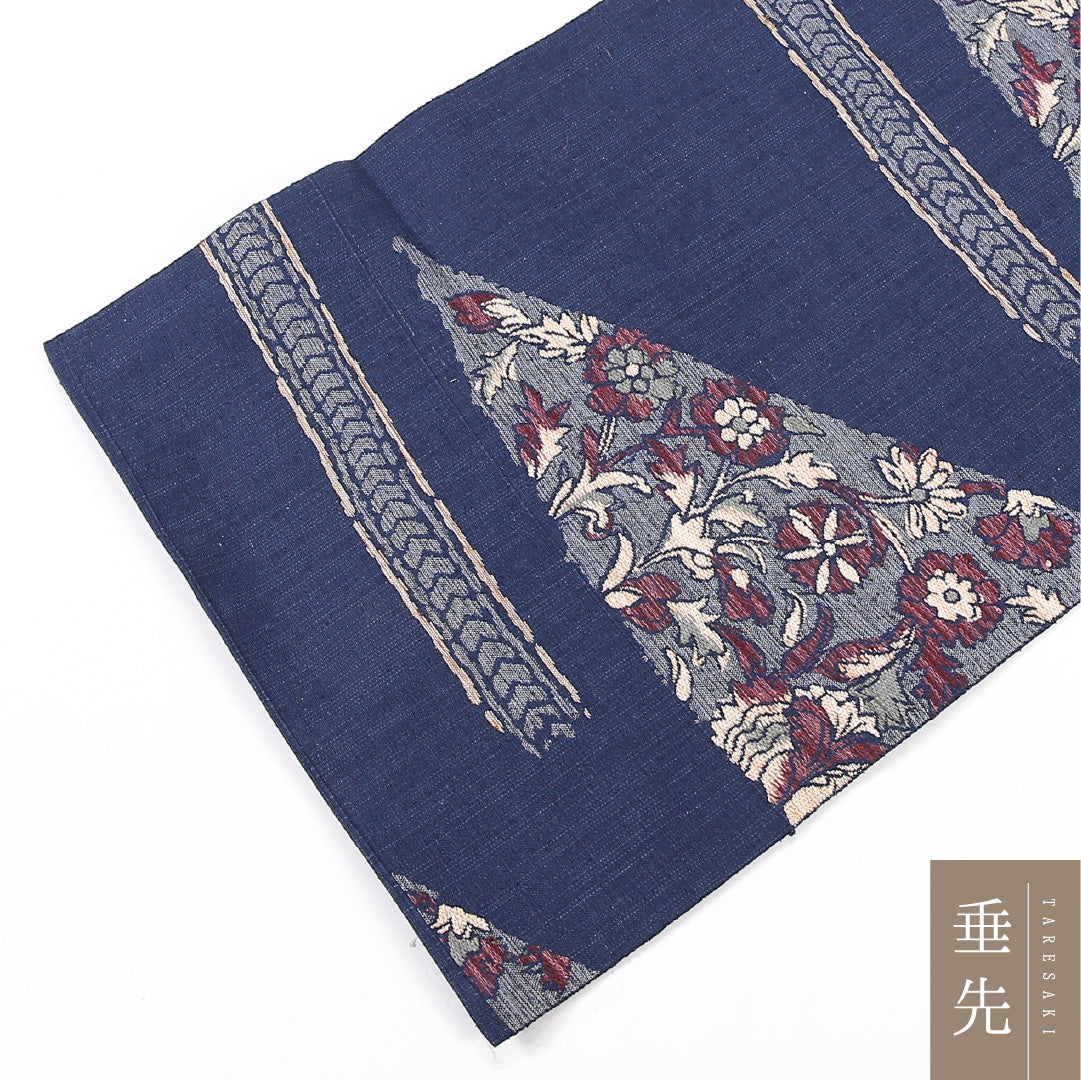菊 八寸名古屋帯 Sランク 帯丈347cm 正絹 六通 松葉仕立て 織り カジュアル 紬 紺系 M4 1245-04759