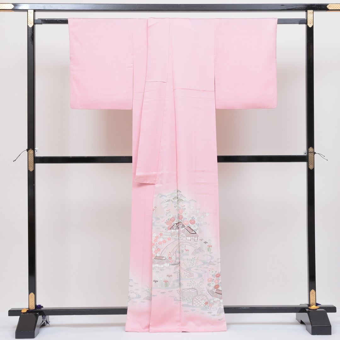 色留袖 袷 身丈163cm 裄丈66cm 正絹 Sランク 一つ紋 (五三桐) セミフォーマル 広衿 Lサイズ 茶屋辻 ピンク系 RP 1214-06387