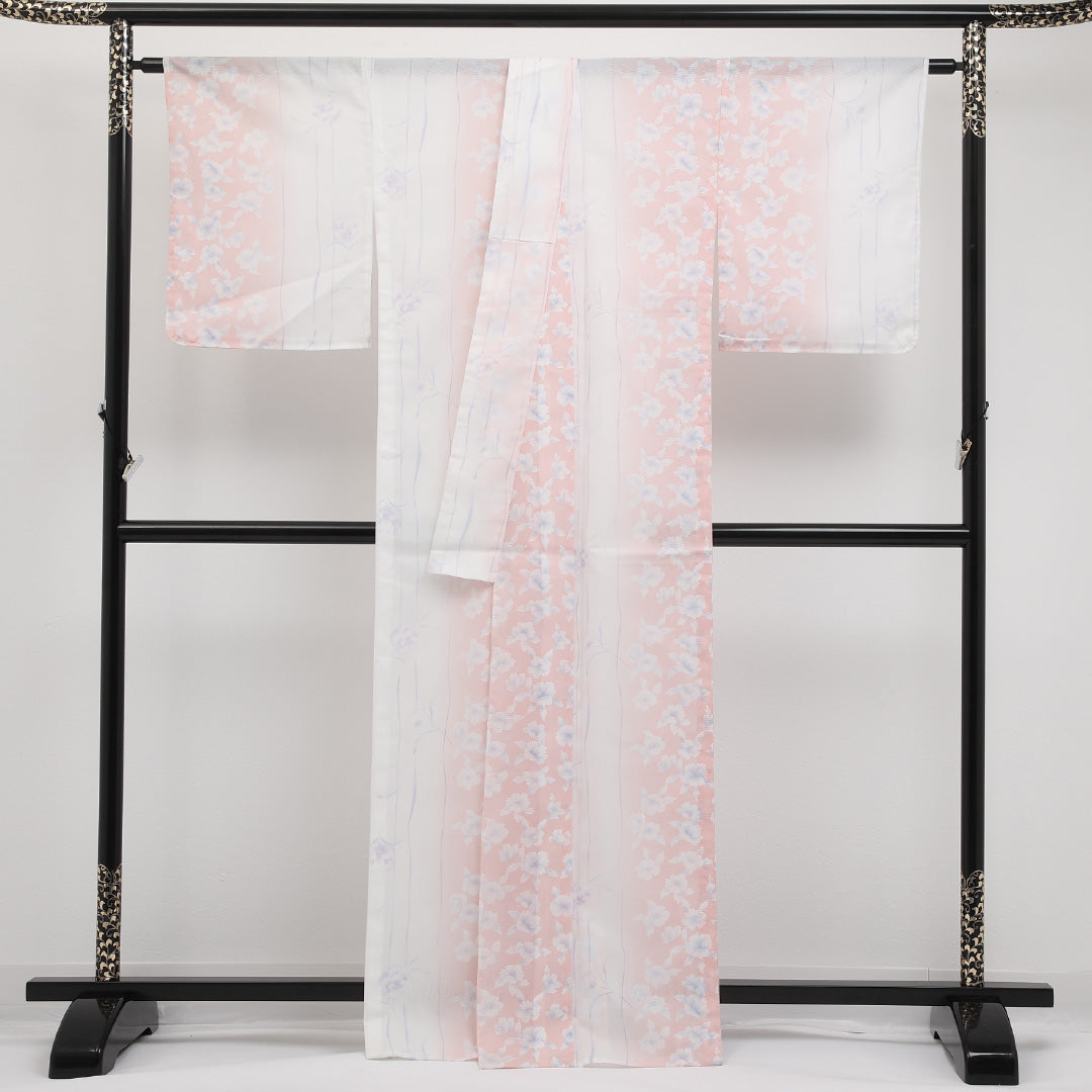 夏物 小紋 絽 身丈163cm 裄丈66cm 正絹 Cランク インフォーマル 広衿 Lサイズ 牡丹 白系 RP 1221-17314