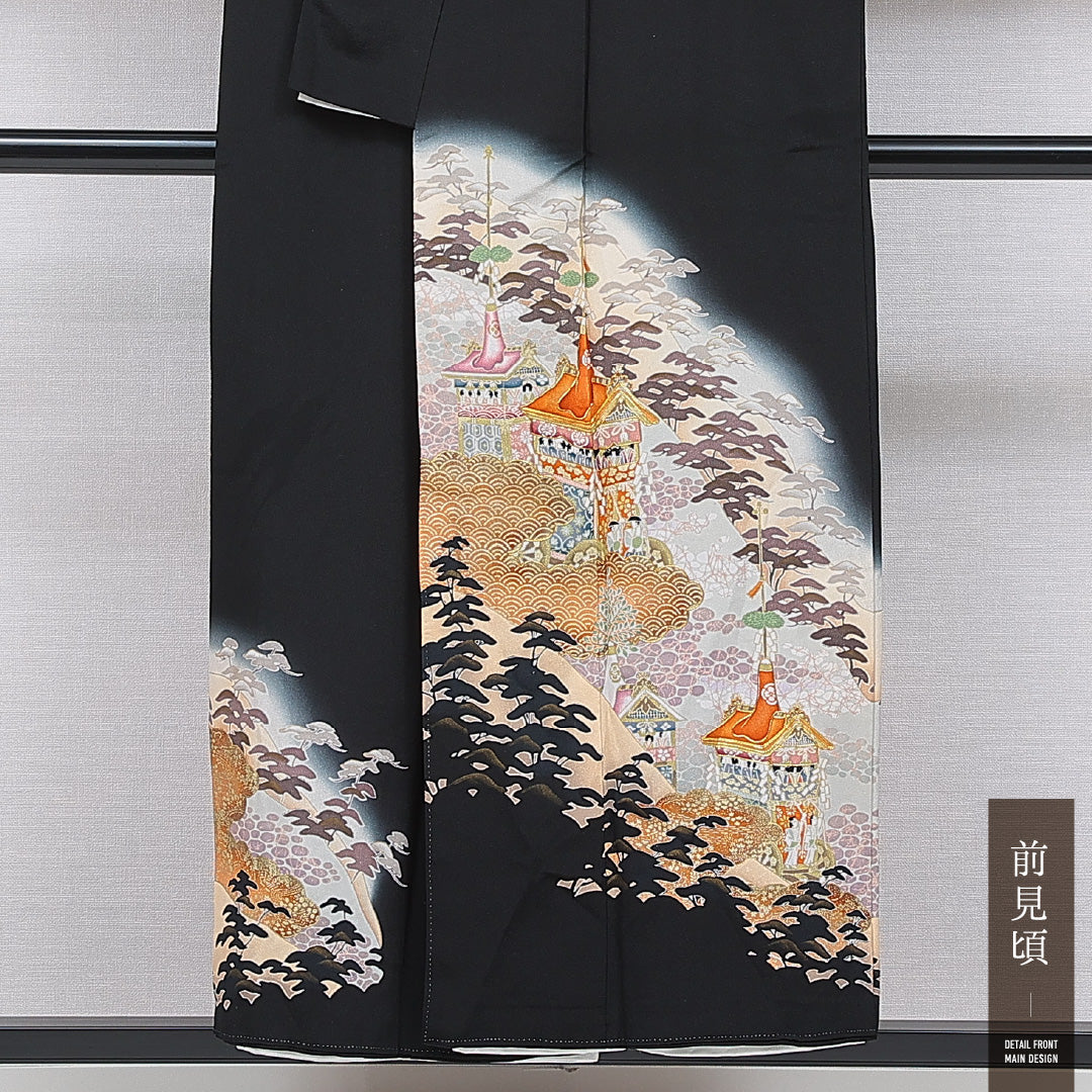 黒留袖 袷 身丈153cm 裄丈63cm 正絹 Aランク 五つ紋 (五三桐) フォーマル 広衿 Sサイズ 比翼 京洛百景 祇園祭 鉾 黒系 RP 1213-07100
