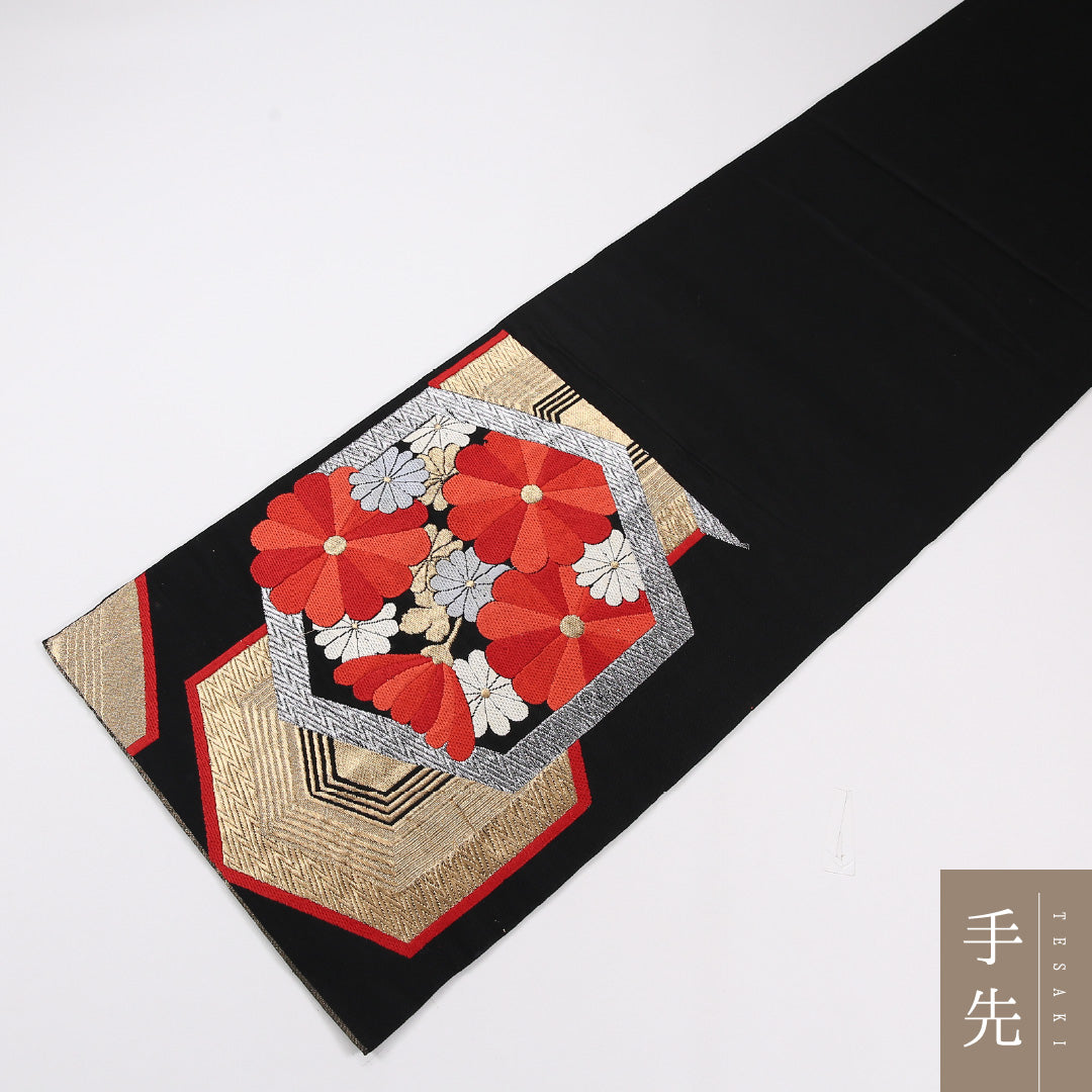 亀甲 袋帯 帯丈416cm 正絹 六通 フォーマル 唐織 菊・牡丹 菊 黒系 1243-02644