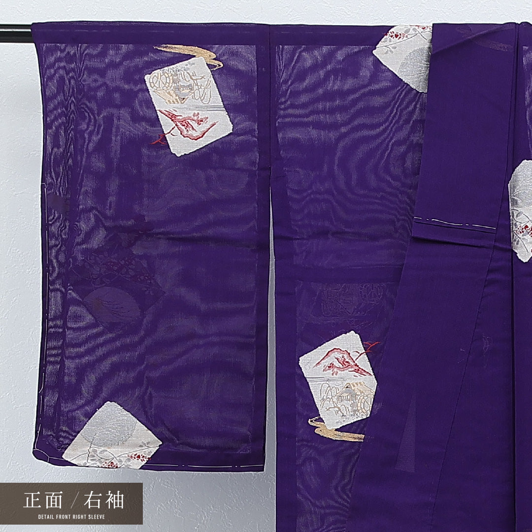 アンティーク 夏物 小紋 紗 身丈148cm 裄丈64cm 正絹 Bランク 広衿 Sサイズ 金箔 風景柄 紫系 RP 1221-17248