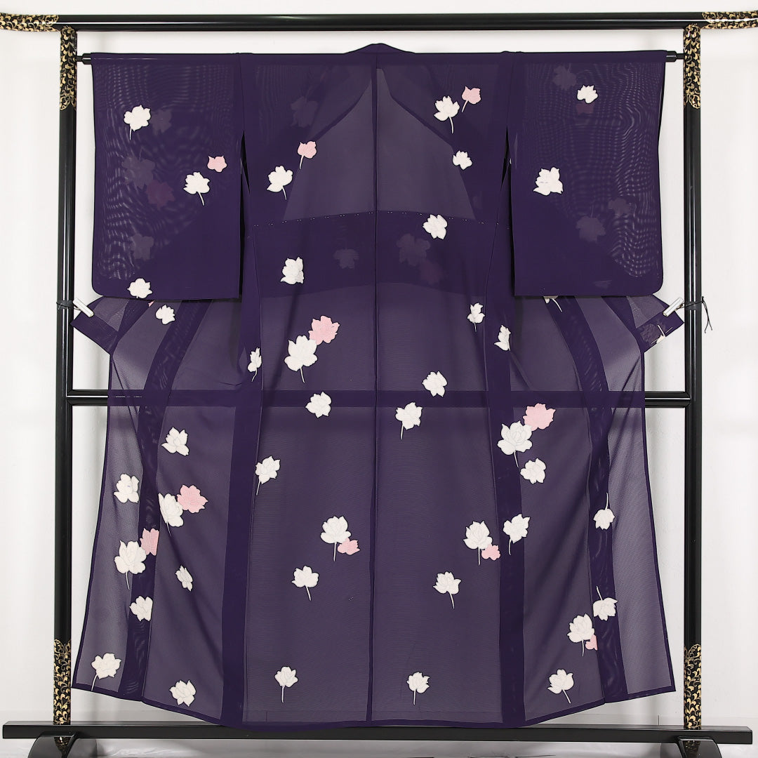 夏物 小紋 絽 身丈155cm 裄丈64cm 正絹 Aランク インフォーマル 広衿 Mサイズ 銀彩 薔薇 紫系 RP 1221-17476