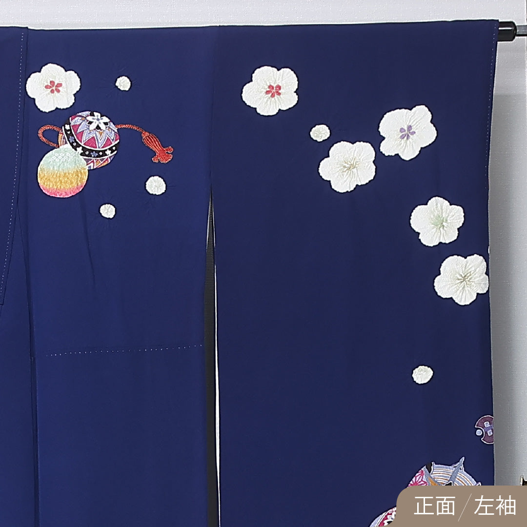 振袖 袷 身丈161cm 裄丈68cm 正絹 Bランク フォーマル 広衿 Lサイズ 絞り 毬 梅 紺系 M4 1215-06728