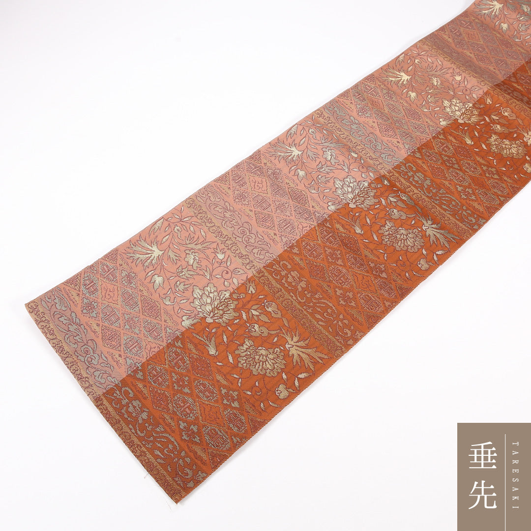 牡丹 八寸名古屋帯 Aランク 帯丈349cm 正絹 六通 名古屋仕立て 織り インフォーマル 唐草 茶系 • ピンク系 RP 1245-04755