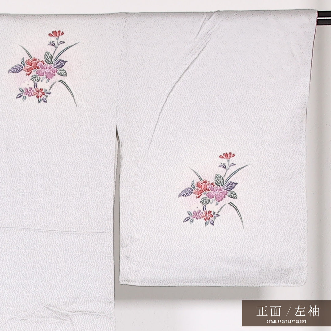 訪問着 袷 身丈161cm 裄丈65cm 正絹 Cランク セミフォーマル 広衿 Lサイズ 刺繍 花扇 グレー系 RP 1217-17519