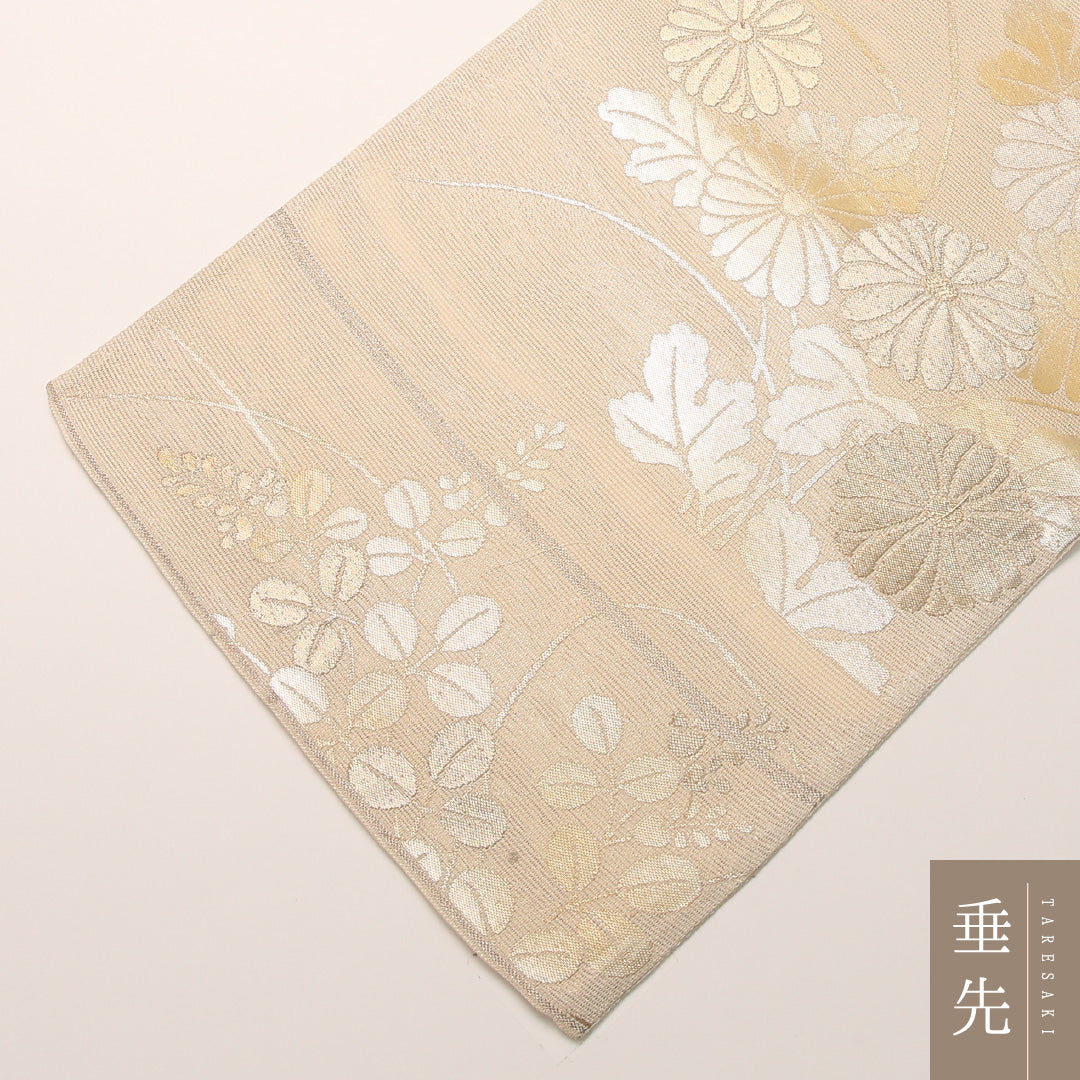 夏物 袋帯 帯丈416cm 正絹 六通 セミフォーマル 菊 萩 クリーム系 1243-02458