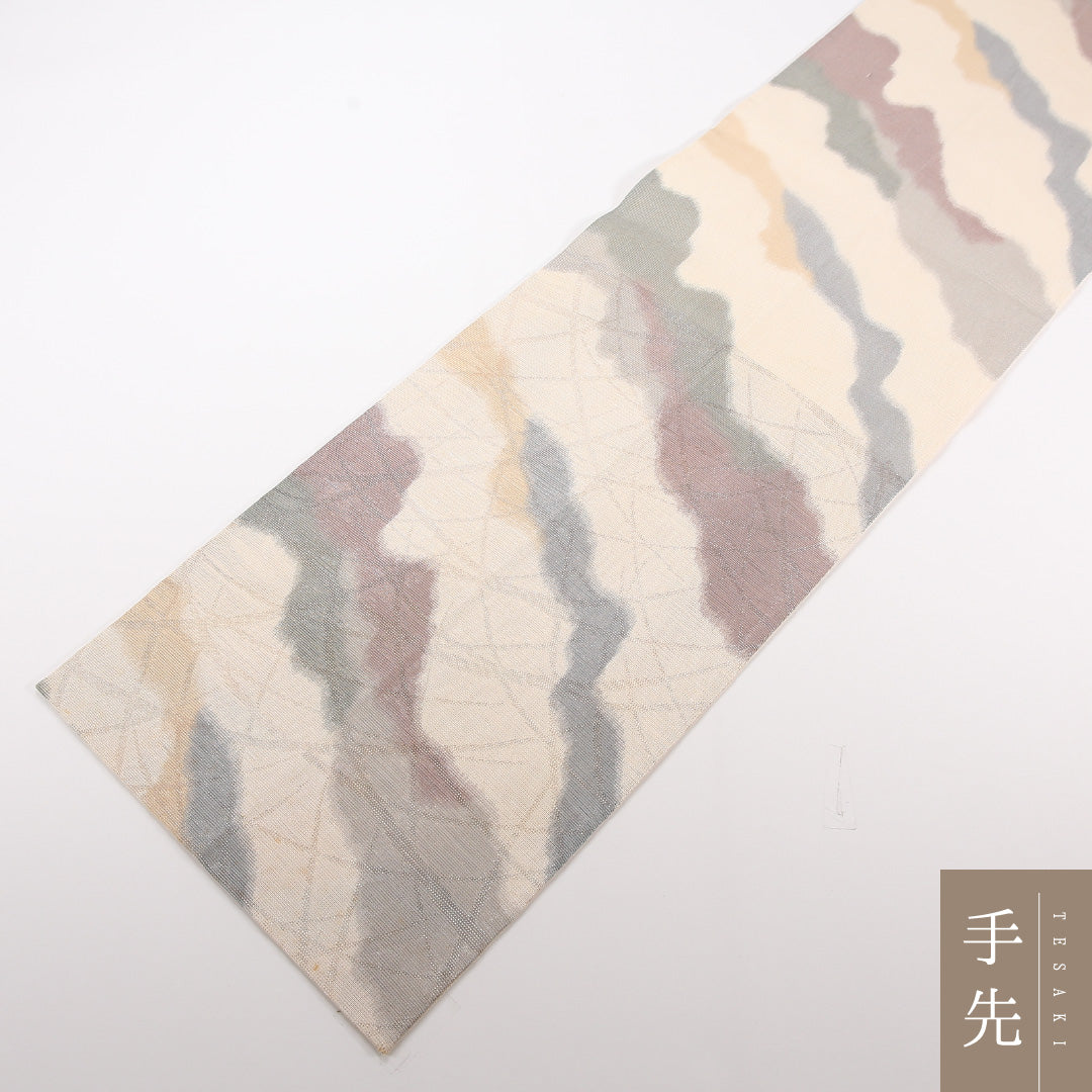 夏物 袋帯 帯丈428cm 正絹 六通 インフォーマル 創作柄 ガード加工 クリーム系 1243-02513