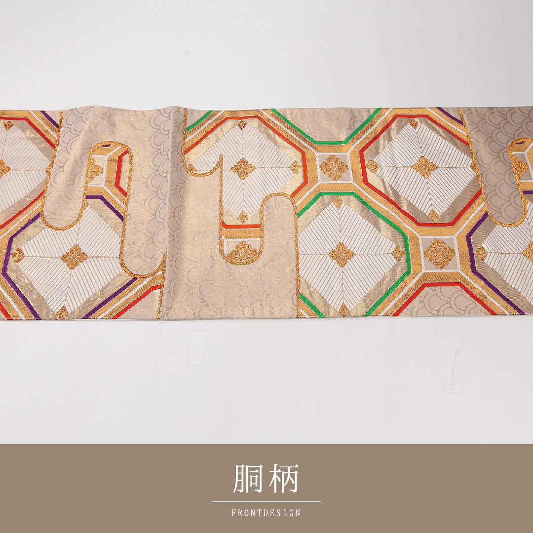 蜀江 袋帯 帯丈424cm 正絹 六通 フォーマル クリーム系 ピンク系 1243-02629