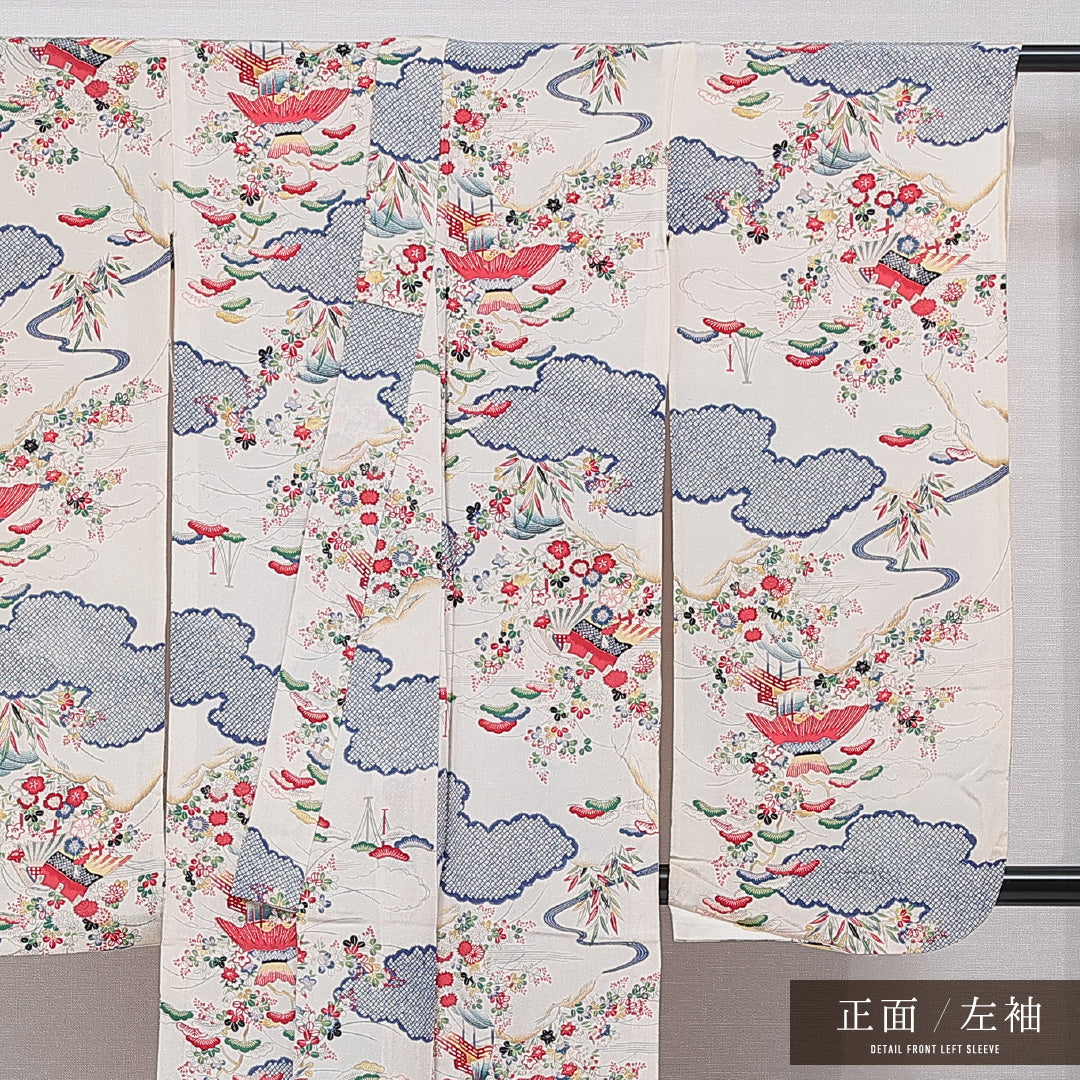 アンティーク 振袖 単衣 身丈156cm 裄丈62cm 正絹 Cランク 一つ紋 (橘) バチ衿 Mサイズ 吉祥文様 クリーム系 RP 1215-07029