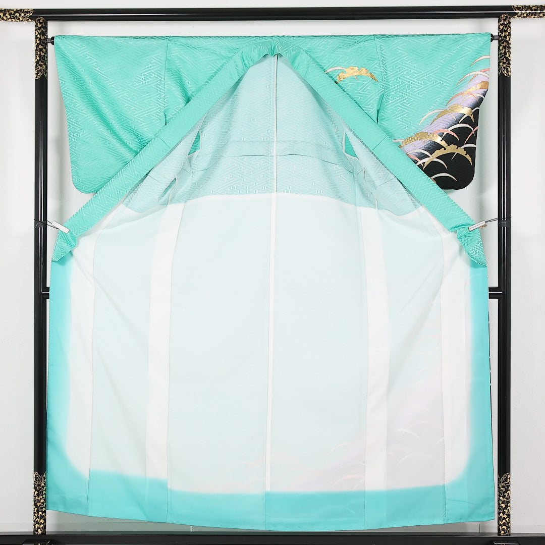 洗える着物 訪問着 袷 身丈158cm 裄丈65cm ポリエステル Sランク 踊り用 バチ衿 Mサイズ 雪輪 緑系 LP 1217-17513