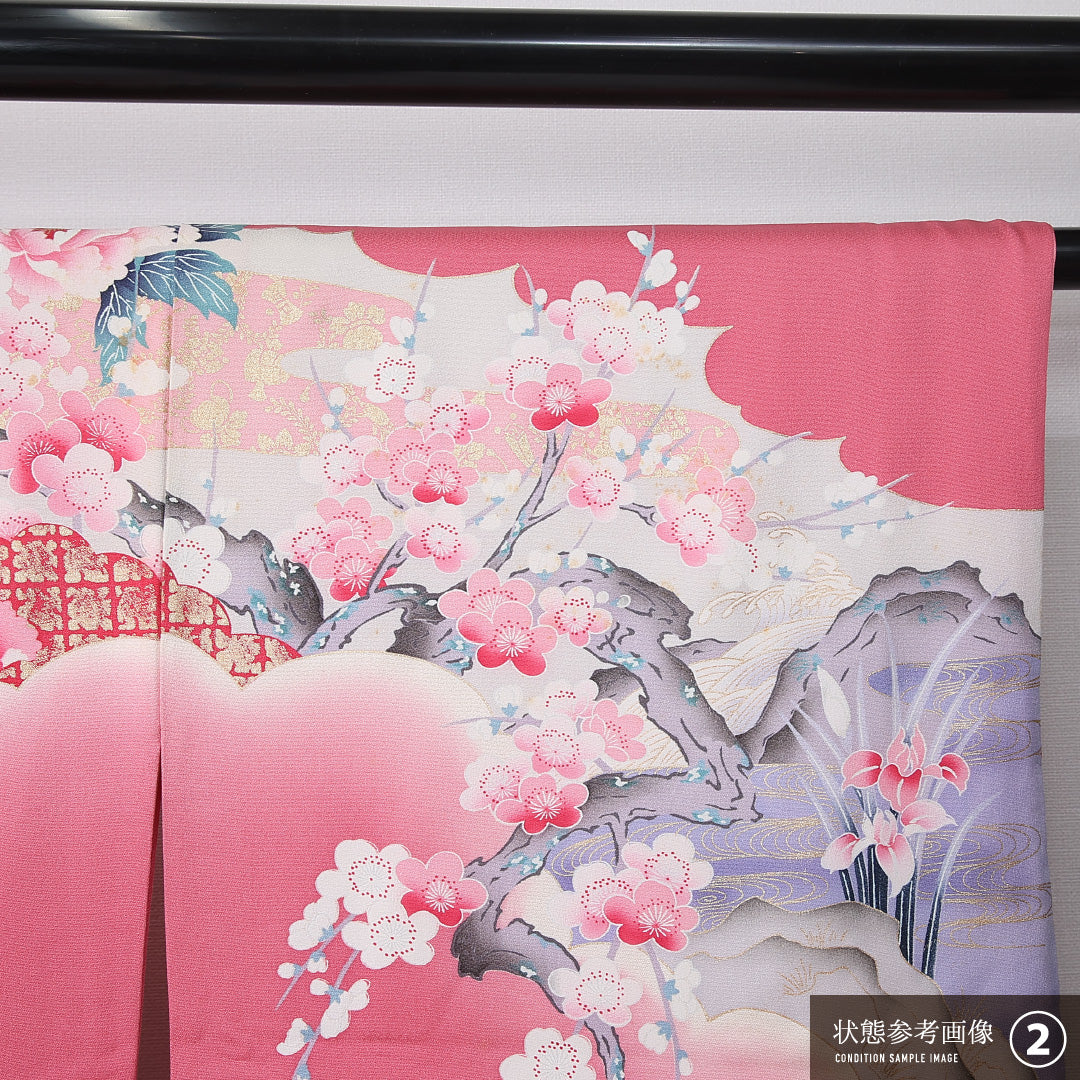 振袖 袷 身丈165cm 裄丈66cm 正絹 Bランク フォーマル 広衿 XLサイズ 鳳翔 作家物 落款 尾長鳥 牡丹 松 ピンク系 M4 1215-06749