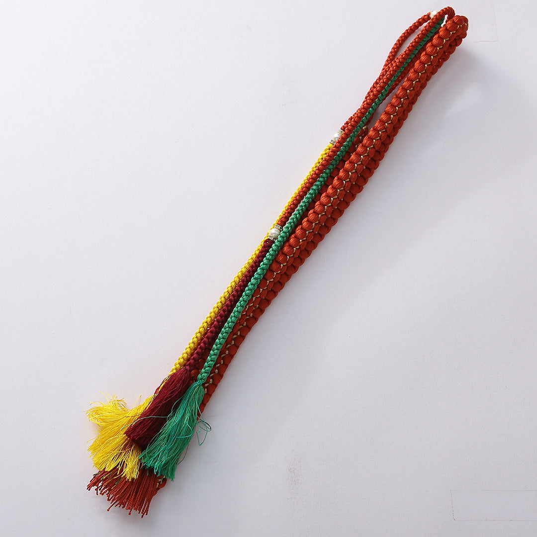 未使用品 帯締め・帯揚げセット 振袖用 正絹 飾り付き ちりめん 朱系 1254-01060