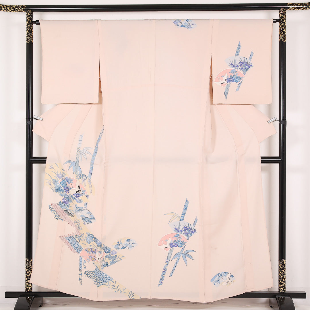 訪問着 単衣 身丈158cm 裄丈63cm 正絹 Bランク セミフォーマル 広衿 XLサイズ 刺繍 扇面文 鶴 ピンク系 RP 1217-17521