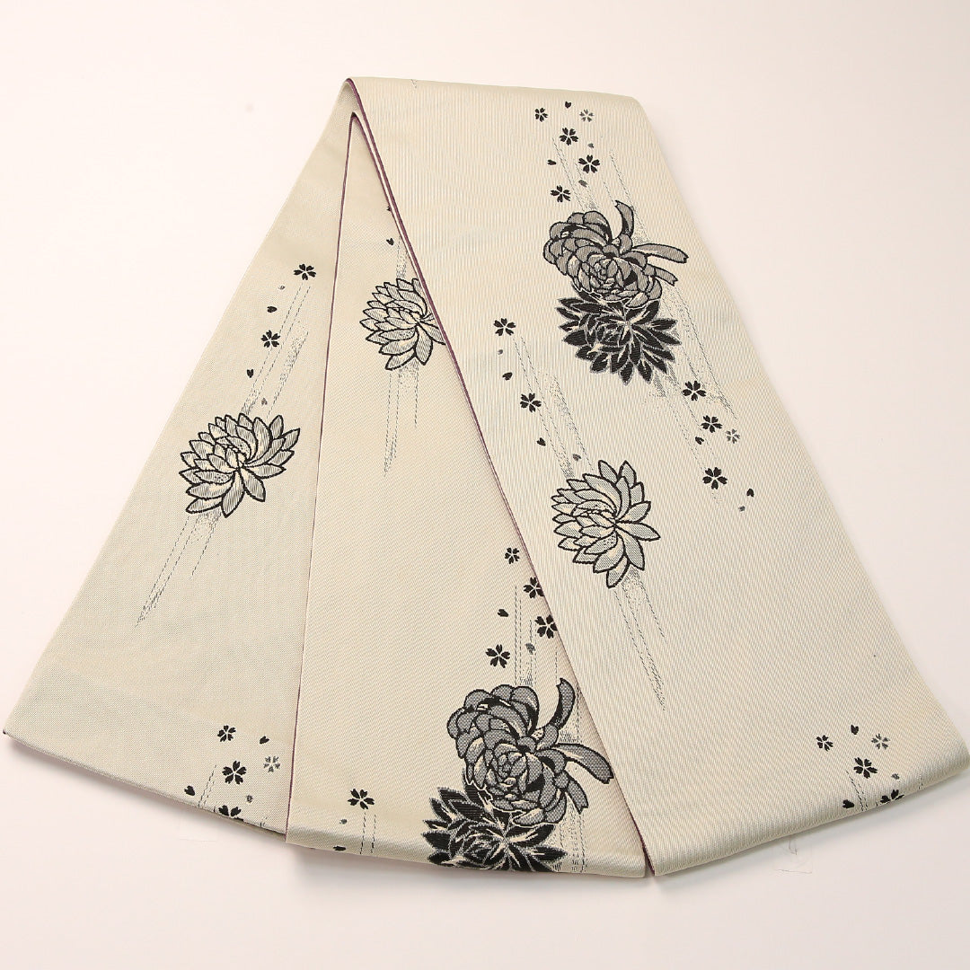 半幅帯 帯丈392cm 正絹 全通 小袋帯 カジュアル 菊 クリーム系 1247-00757
