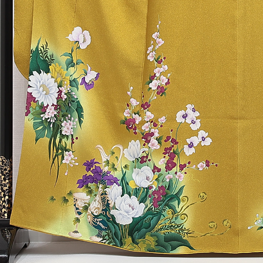 振袖 袷 身丈162cm 裄丈67cm 正絹 Sランク フォーマル 広衿 Lサイズ 百合 黄系 RP 1215-06981