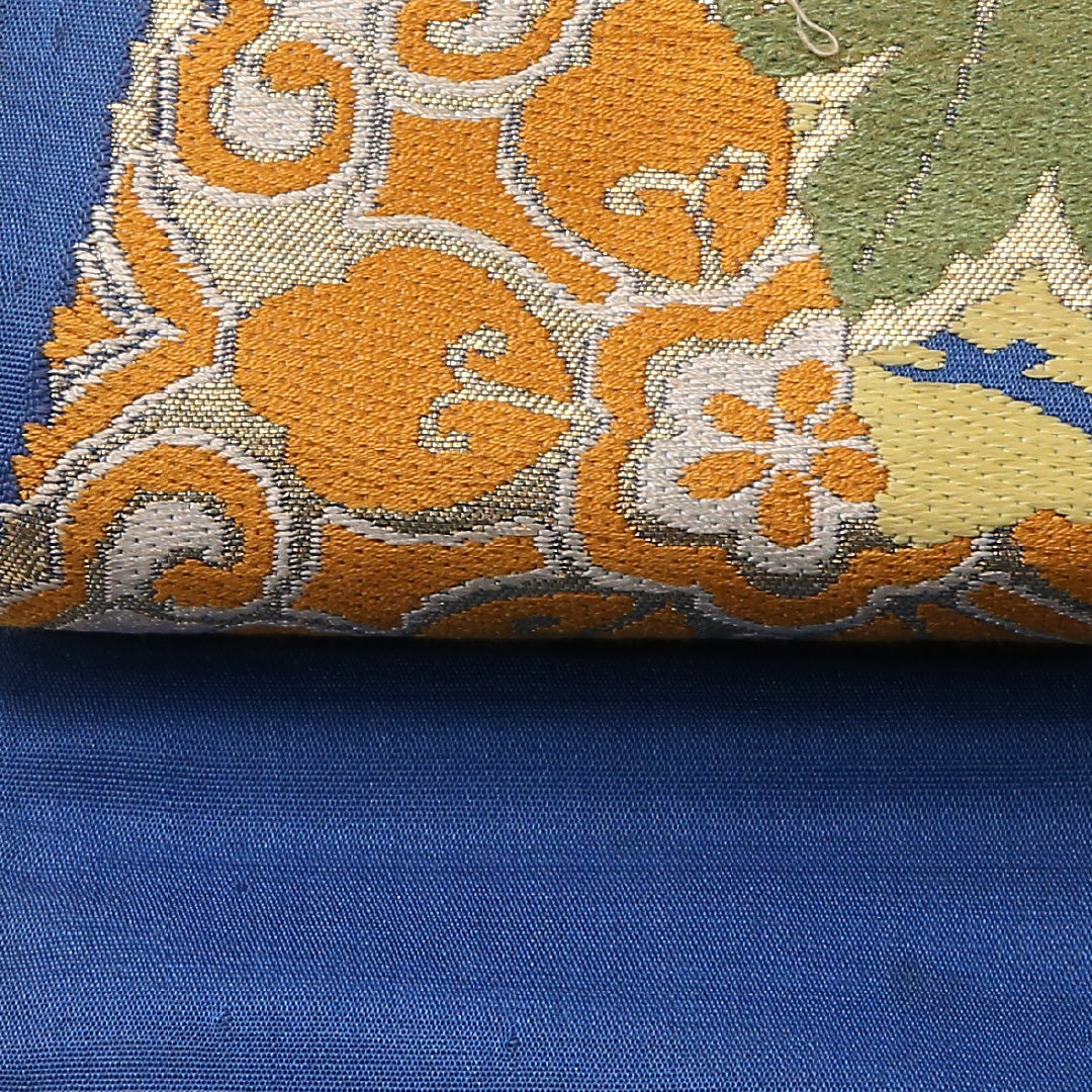 アンティーク 半幅帯 帯丈332cm 正絹 全通 小袋帯 吉祥文様 金銀糸 青系 1247-00693
