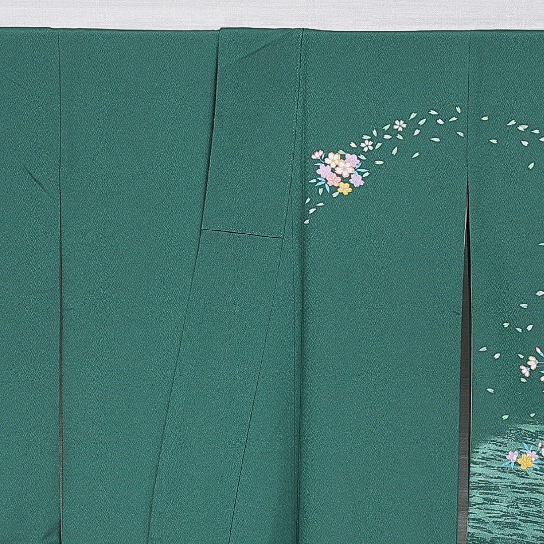 洗える着物 小振袖 袷 身丈164cm 裄丈65cm ポリエステル Sランク セミフォーマル 広衿 Lサイズ 桜 緑系 RP 1216-07074