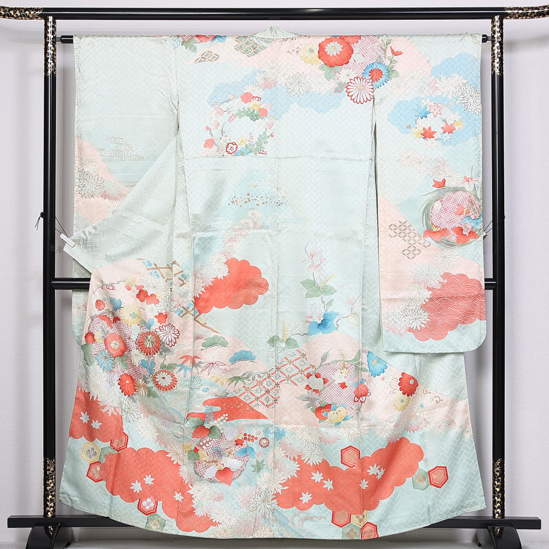 振袖 袷 身丈159cm 裄丈64cm 正絹 Cランク フォーマル 広衿 Mサイズ 金箔 刺繍 吉祥文様 水色系 RP 1215-06557