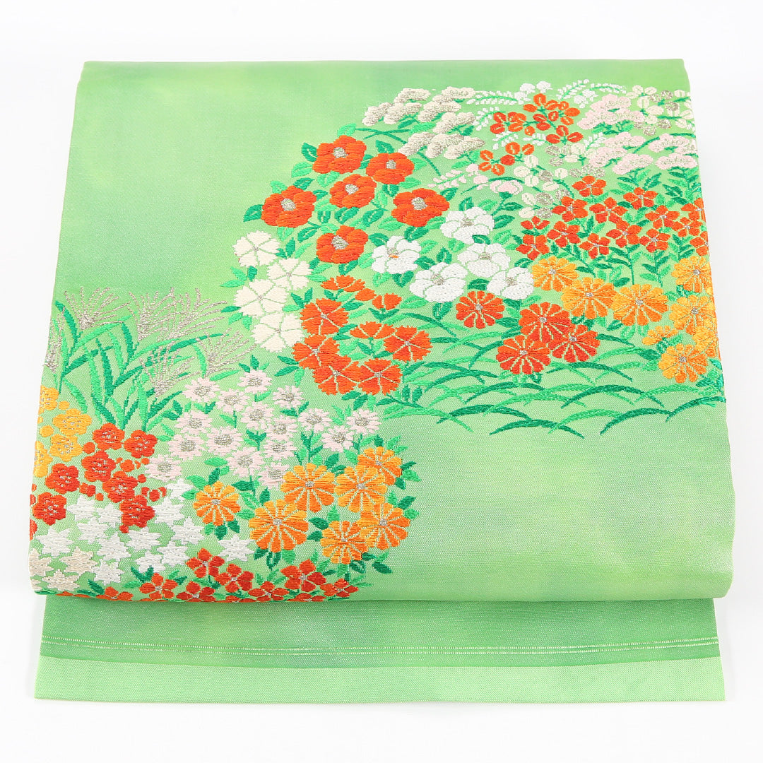 未使用品 九寸名古屋帯 Sランク 帯丈362cm 正絹 ポイント柄 名古屋仕立て 織り インフォーマル 菊 菊・椿 椿 緑系 RP 1245-04784