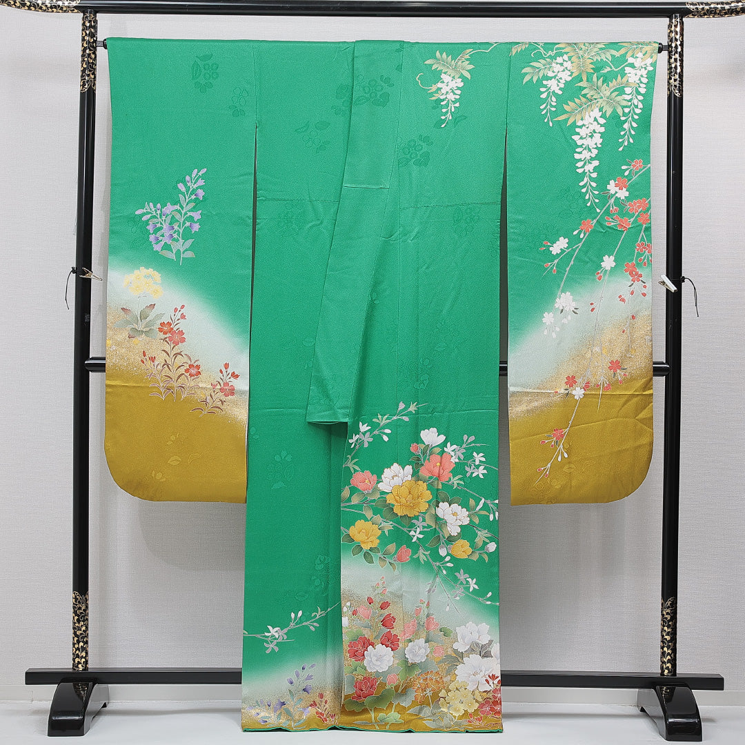 振袖 袷 身丈168cm 裄丈68cm 正絹 Sランク フォーマル 広衿 XLサイズ 金駒刺繍 椿 緑系 RP 1215-07014