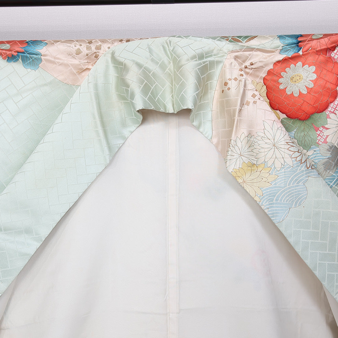 振袖 袷 身丈159cm 裄丈64cm 正絹 Cランク フォーマル 広衿 Mサイズ 金箔 刺繍 吉祥文様 水色系 RP 1215-06557