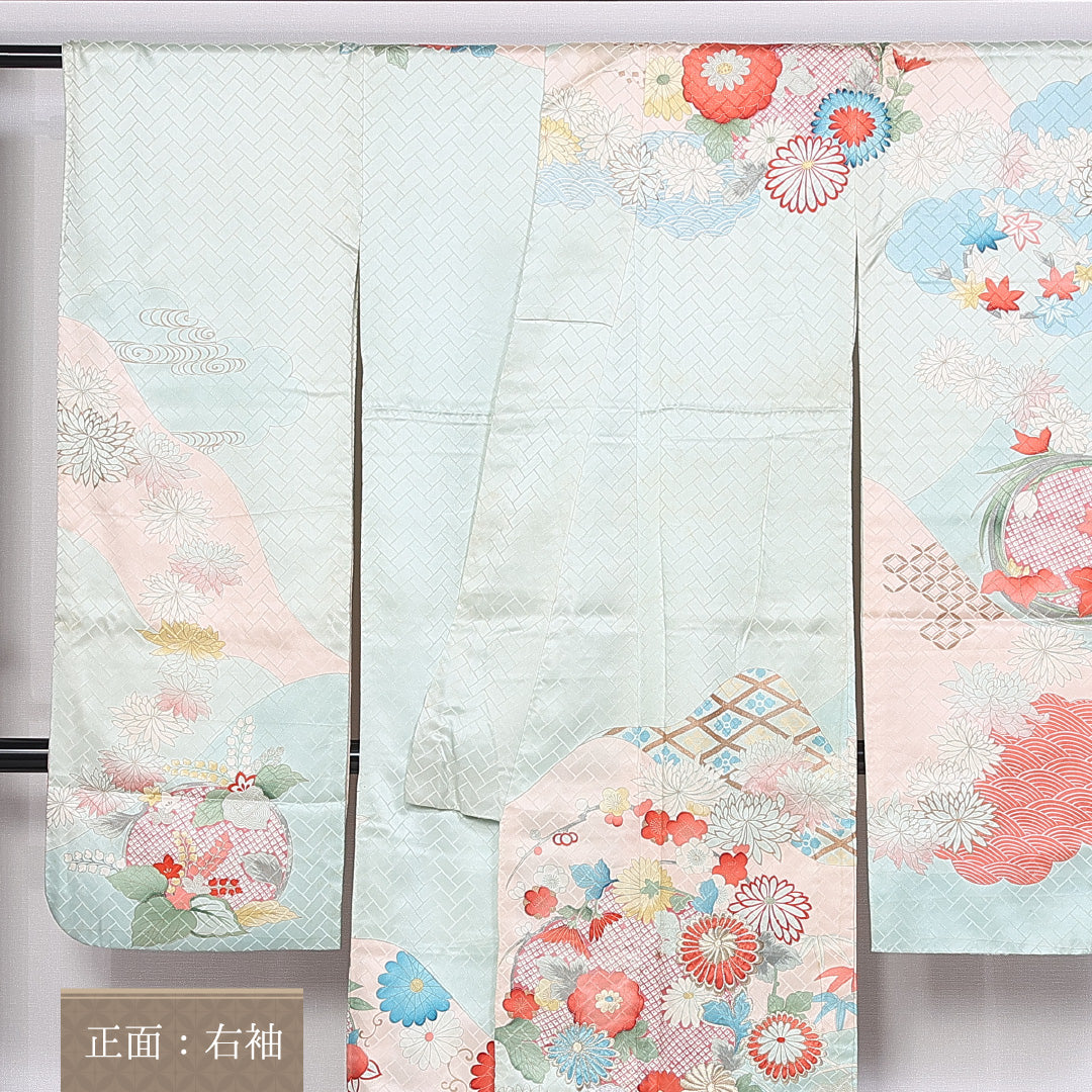 振袖 袷 身丈159cm 裄丈64cm 正絹 Cランク フォーマル 広衿 Mサイズ 金箔 刺繍 吉祥文様 水色系 RP 1215-06557