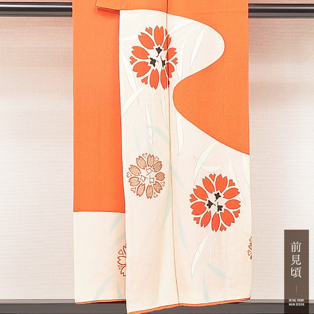 アンティーク 小振袖 袷 身丈151cm 裄丈62cm 正絹 Cランク バチ衿 Sサイズ 撫子 朱系 RP 1216-07109