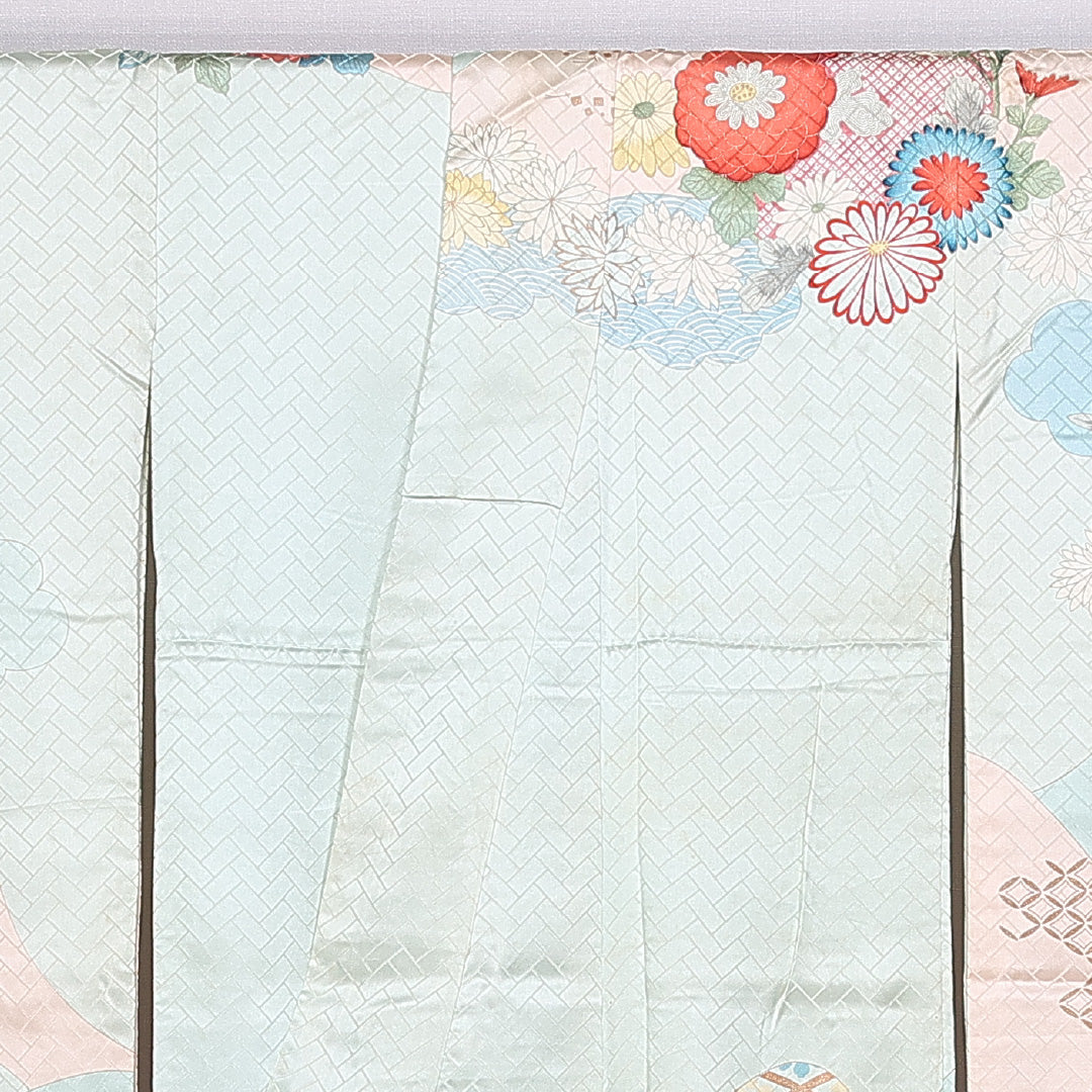 振袖 袷 身丈159cm 裄丈64cm 正絹 Cランク フォーマル 広衿 Mサイズ 金箔 刺繍 吉祥文様 水色系 RP 1215-06557