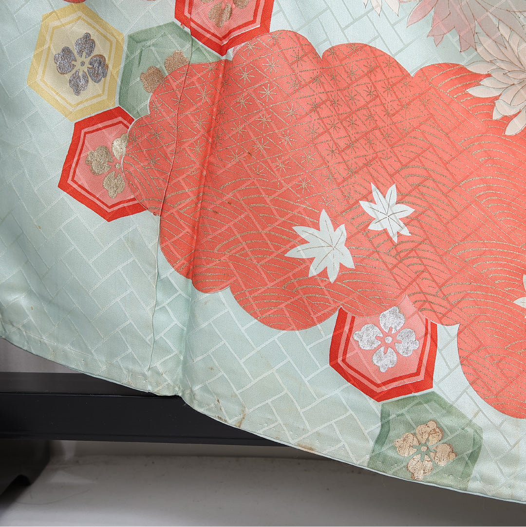 振袖 袷 身丈159cm 裄丈64cm 正絹 Cランク フォーマル 広衿 Mサイズ 金箔 刺繍 吉祥文様 水色系 RP 1215-06557